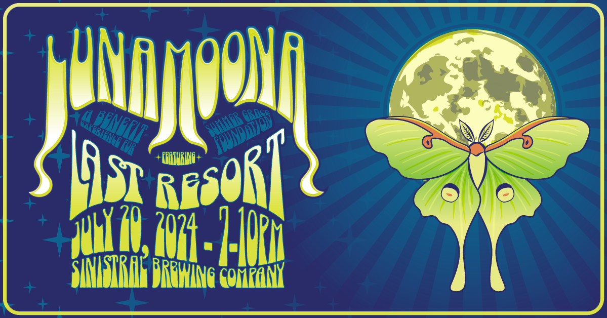 Facebook event image with stylized lettering of the event information featuring a moon and a luna moth