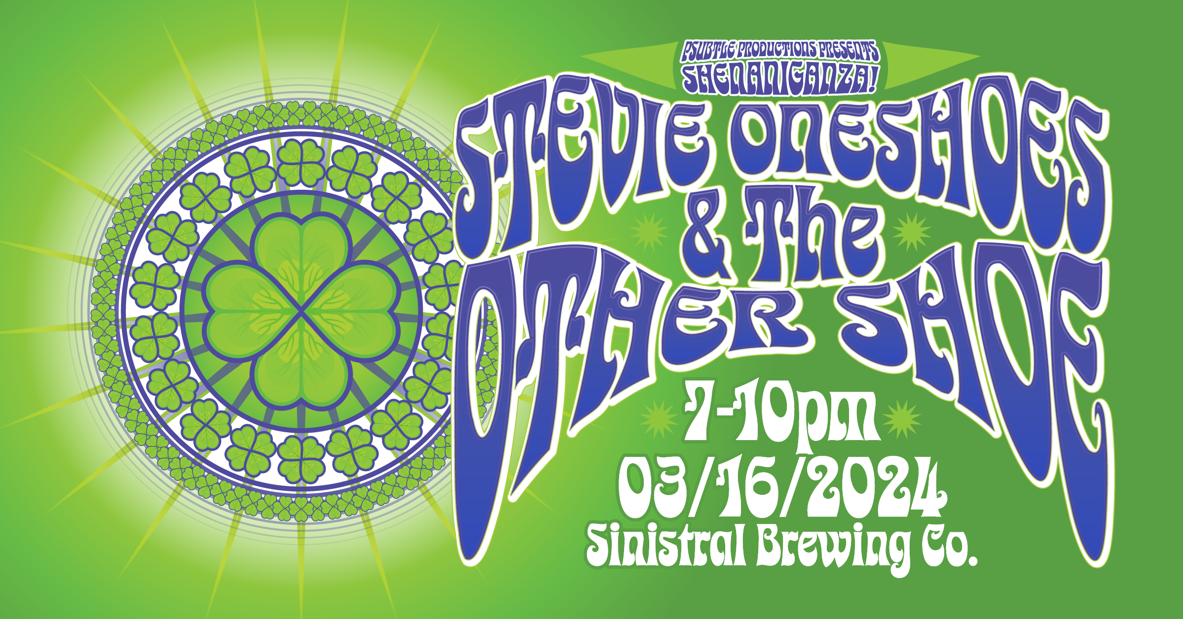 Facebook event image with stylized lettering of the event information and a shamrock mandala graphic